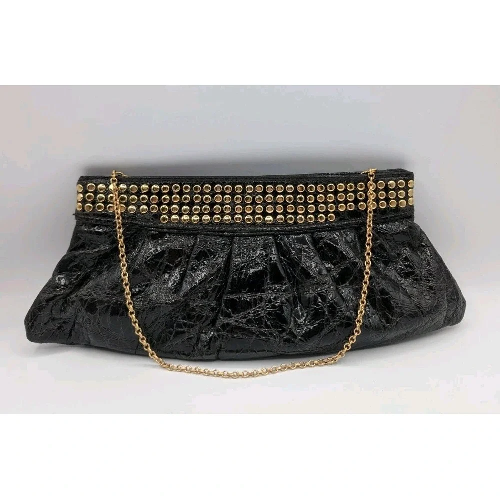 Steve Madden Black Patent Clutch Purse Gold Studded Chain Strap Y2K Evening Bag
